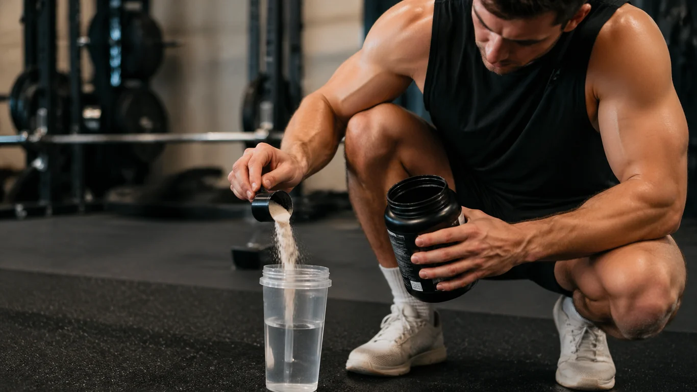 Sportowiec na siłowni przygotowuje porcję beta-alaniny do kubka, z dramatycznym oświetleniem treningowym.