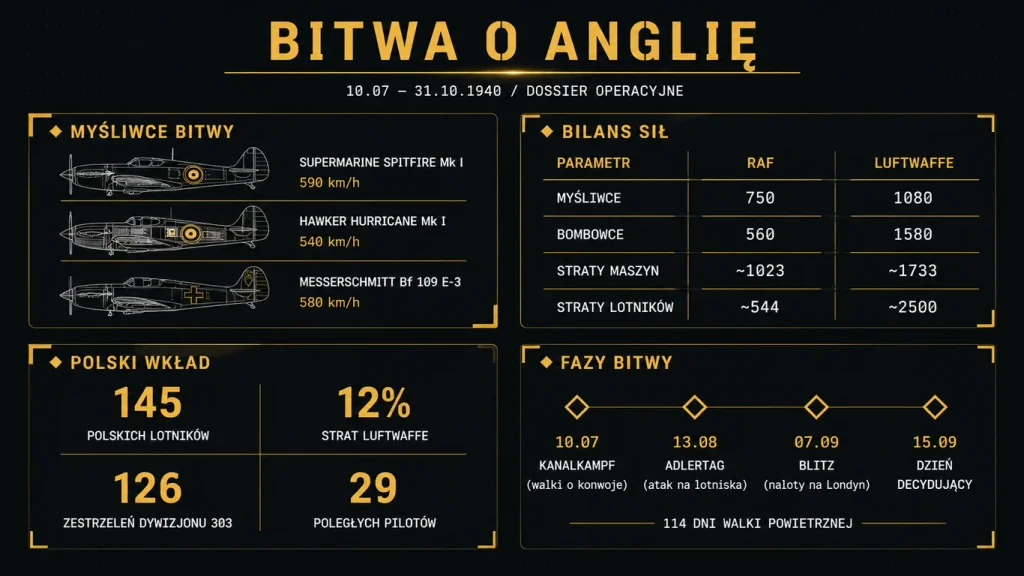 Infografika Bitwa o Anglię – myśliwce bitwy, bilans sił RAF vs Luftwaffe, polski wkład i fazy kampanii