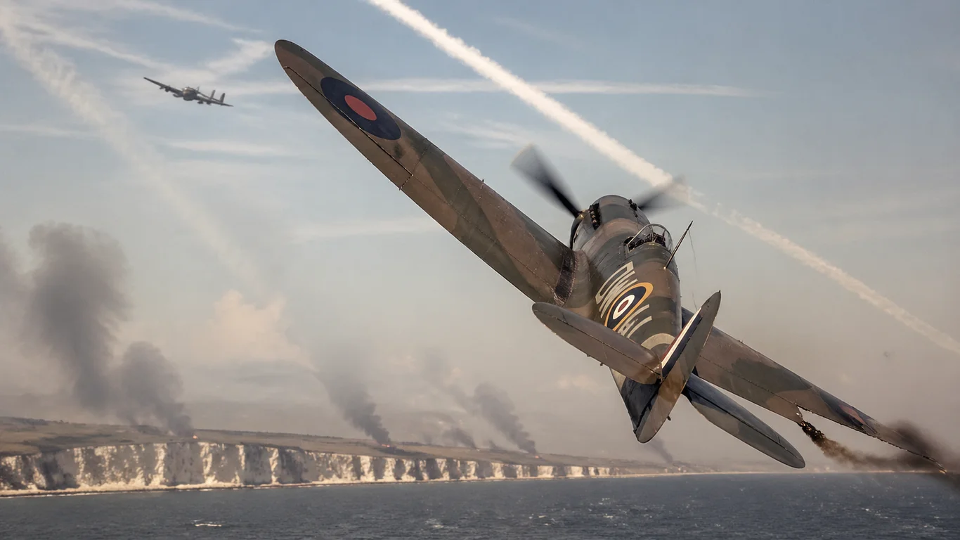 Pilot RAF w kabinie myśliwca Spitfire podczas bitwy o Anglię, na tle nieba ze smugami kondensacyjnymi i obłokami dymu.