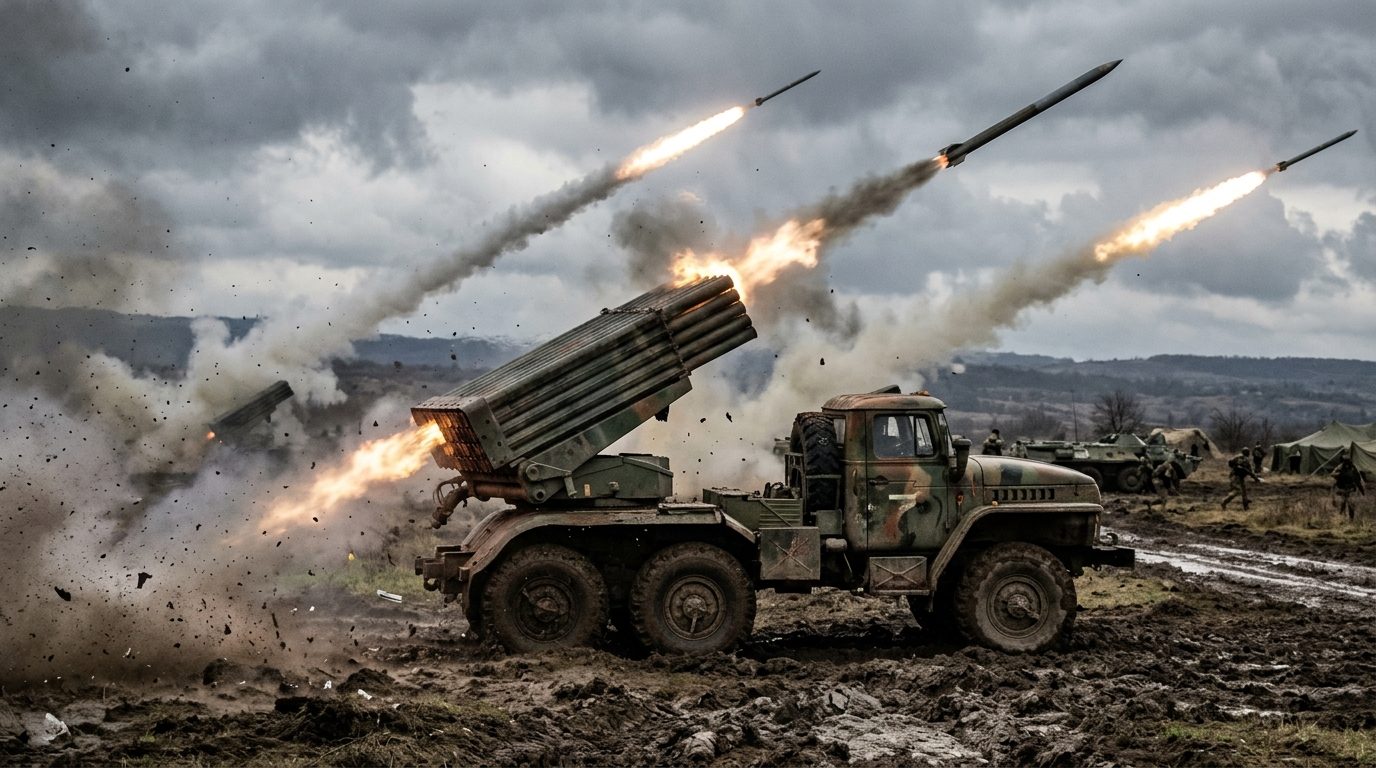 Ciężarówka wojskowa wystrzeliwuje rakiety w powietrze. Dookoła rozgrywa się symulacja polowań wojskowych na błotnistym terenie, otoczonym wzgórzami pod pochmurnym niebem.