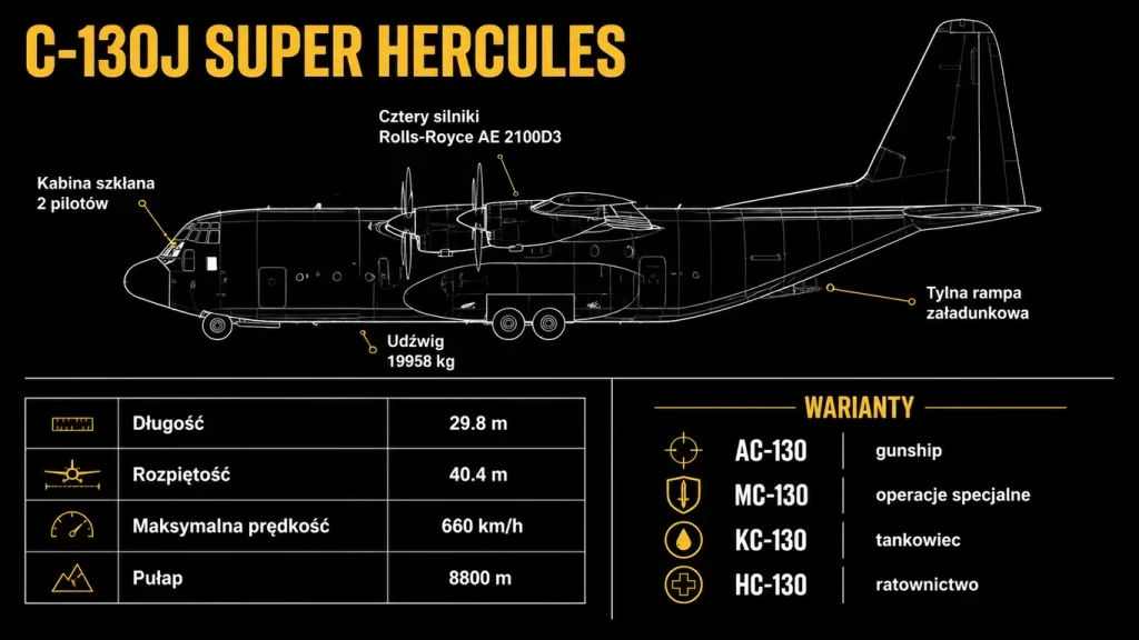 Infografika C-130 Hercules – sylwetka, parametry C-130J Super Hercules, kluczowe warianty AC-130/MC-130/KC-130 i operatorzy globalni
