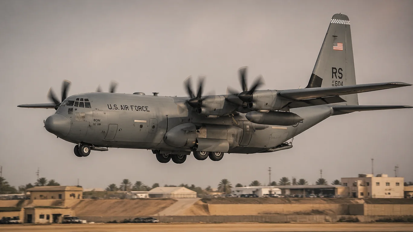 C-130 Hercules w locie nad lotniskiem operacyjnym, klasyczna amerykańska transportówka Lockheeda z czterema silnikami turbośmigłowymi.