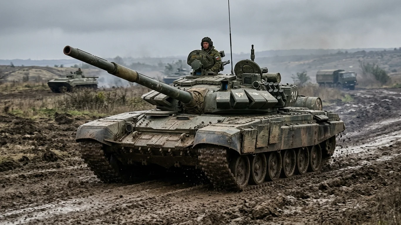 Czołg porusza się po błotnistym terenie, prowadzony przez żołnierza. W tle widoczne są inne pojazdy wojskowe i krajobraz pokryty niską roślinnością pod szarym, pochmurnym niebem.