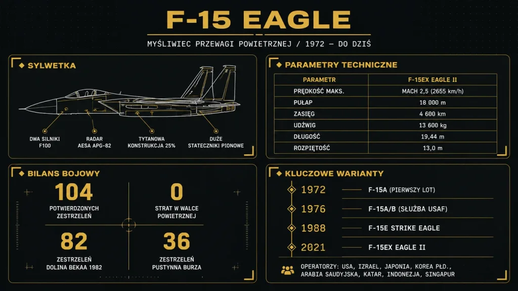 Infografika F-15 Eagle – sylwetka, parametry techniczne F-15EX, bilans 104 zestrzeleń i kluczowe warianty od 1972 do 2021