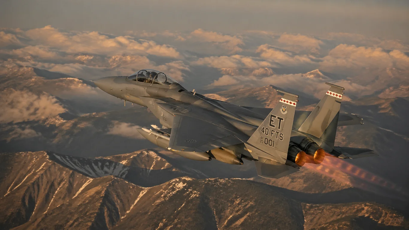 Myśliwiec F-15 Eagle w locie nad chmurami, z widoczną sylwetką dwusilnikową i charakterystycznymi statecznikami pionowymi.