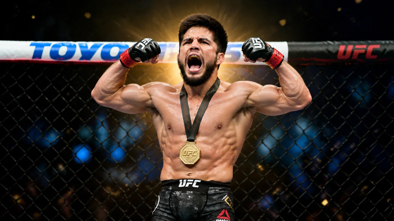 Henry Cejudo w klatce UFC ze złotym pasem mistrzowskim, były dwukrotny mistrz UFC i medalista olimpijski w zapasach.