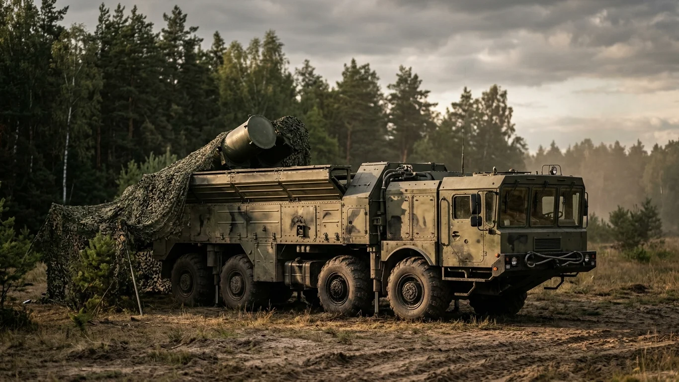 Ciężarówka wojskowa stoi na polanie, częściowo przykryta siatką maskującą. W tle widać gęsty las. Pojazd znajduje się w spokojnym otoczeniu przyrody.