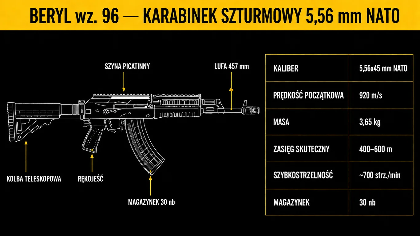 Infografika Beryl wz. 96 – dane techniczne karabinka, warianty, użytkownicy i porównanie z MSBS Grot