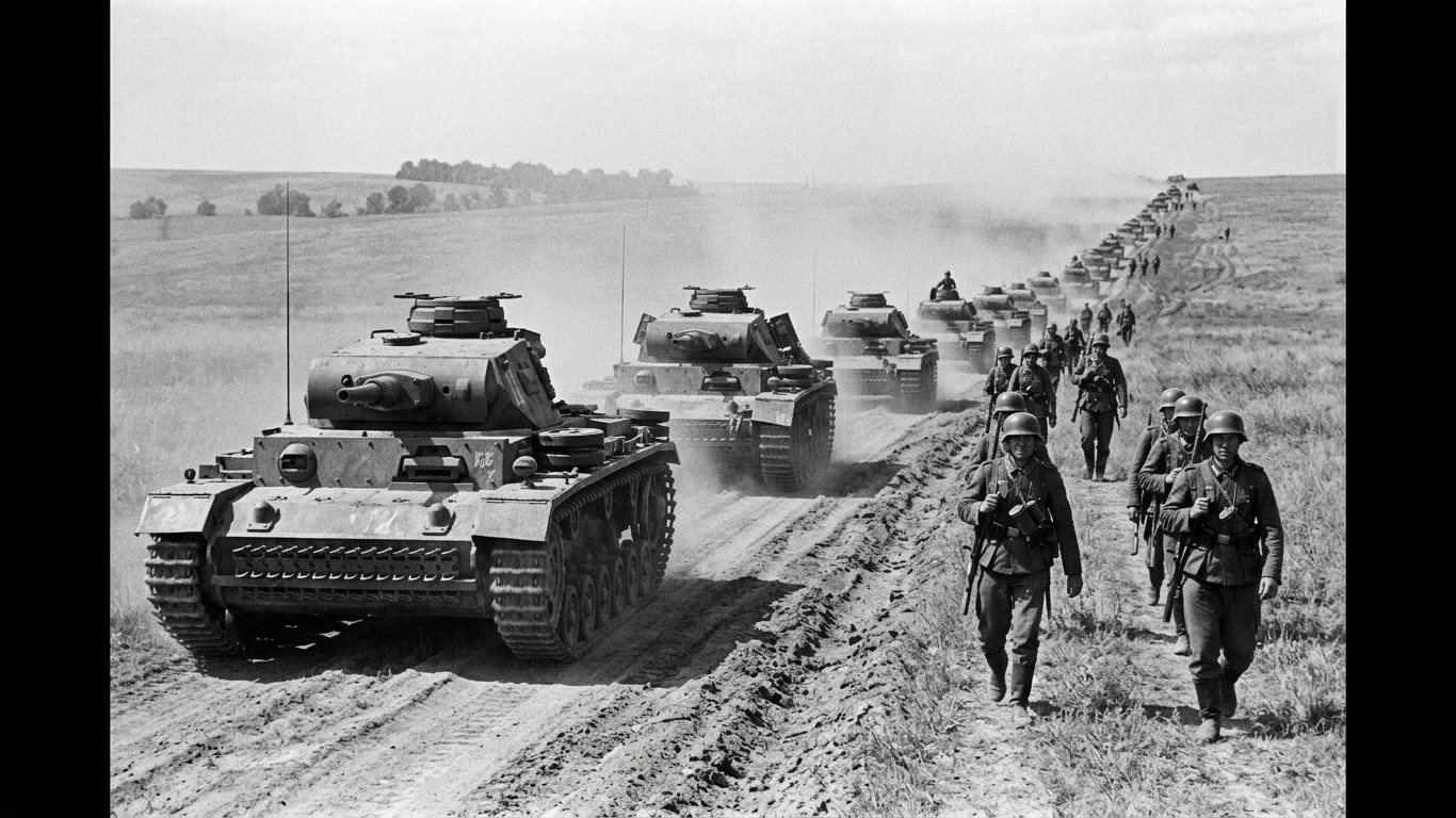 Czołgi przemieszczają się po polnej drodze, obok maszerują żołnierze. Tło to otwarta przestrzeń z niskimi trawami i drzewami w oddali. Całość w czarno-białej tonacji.