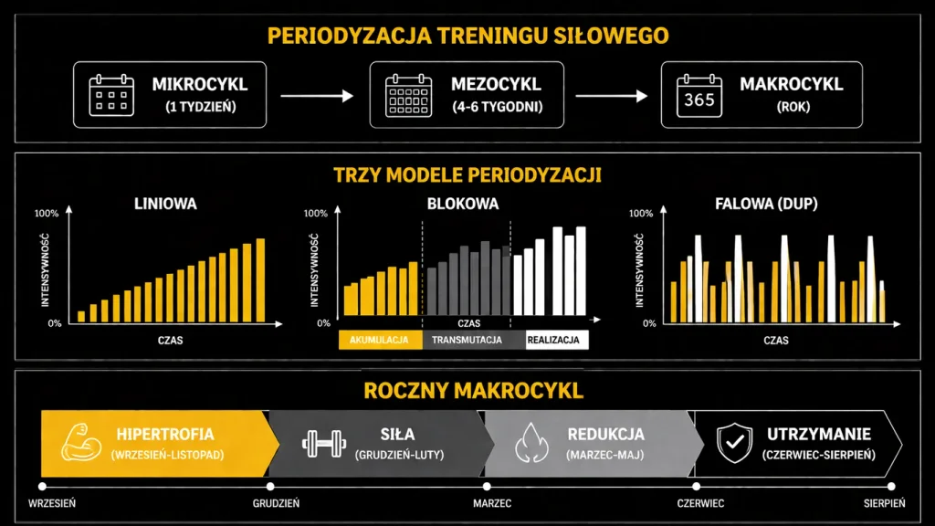 Infografika periodyzacja treningu – mikro/mezo/makrocykl, schemat liniowy/blokowy/falowy, deload i progresja przez rok kalendarzowy