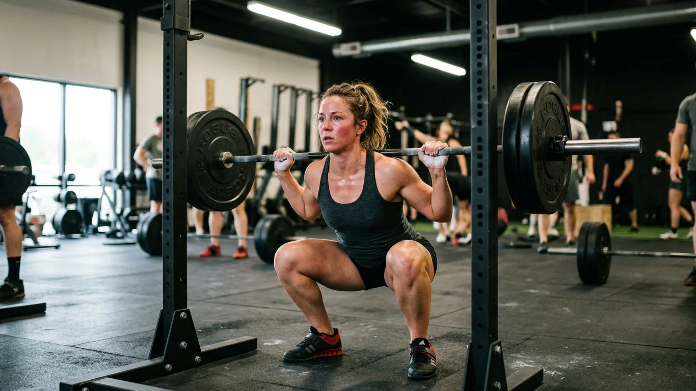 Kobieta wykonuje przysiad ze sztangą na siłowni, skupiona, w otoczeniu innych ćwiczących oraz sprzętu do treningu siłowego.