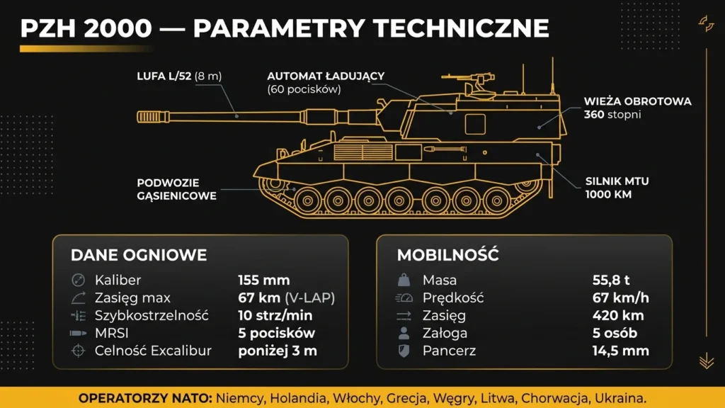 Infografika PzH 2000 – dane techniczne armatohaubicy, zasięg, szybkostrzelność i operatorzy NATO