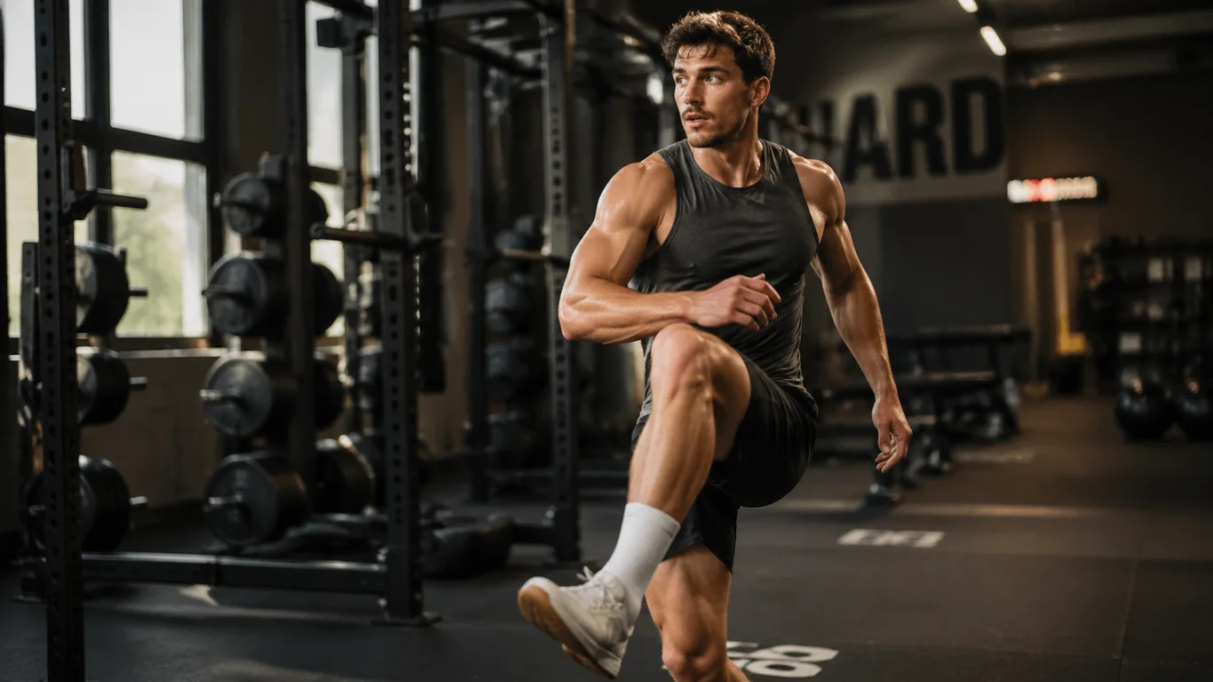 Sportowiec wykonuje dynamiczne ćwiczenie stretchingowe na siłowni przed treningiem siłowym.