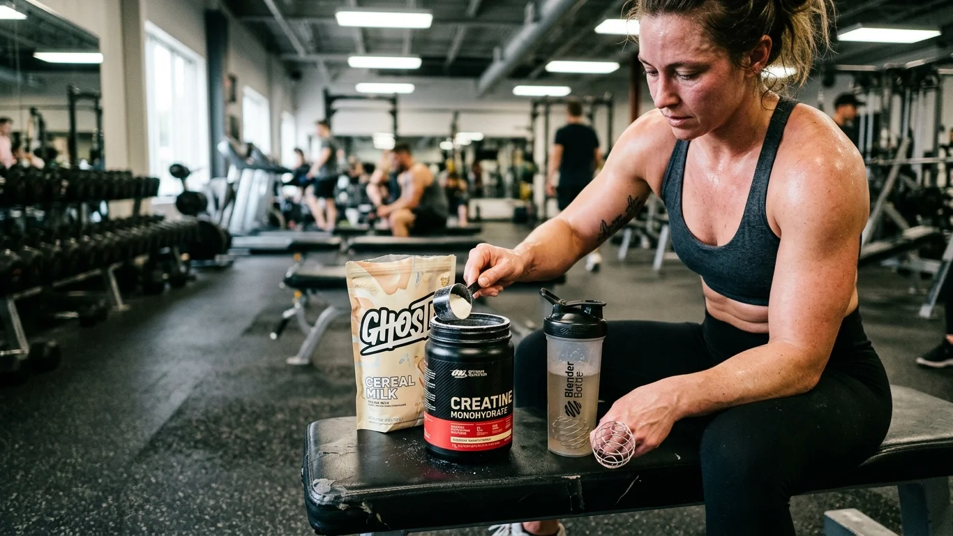 Osoba w sportowym stroju przygotowuje napój z odżywki białkowej i monohydratu kreatyny, siedząc na ławce w siłowni. W tle widać inne osoby ćwiczące. Opakowania: Ghost, Cereal Milk, ON, Creatine Monohydrate.