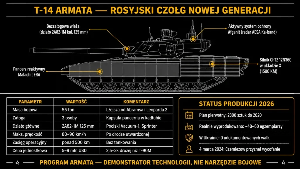 Infografika T-14 Armata – sylwetka boczna, kluczowe komponenty (bezzałogowa wieża, działo 2A82-1M, Afganit, Malachit), parametry techniczne i status produkcji