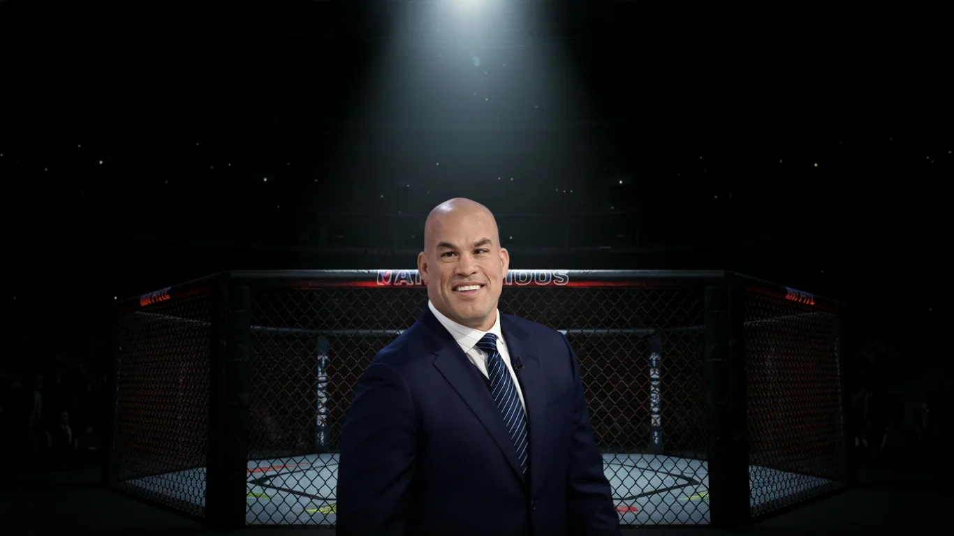 Mężczyzna w garniturze stoi na tle oktagonu do walki. Na siatce klatki widoczne są napisy. Światło reflektora oświetla centralny punkt areny.