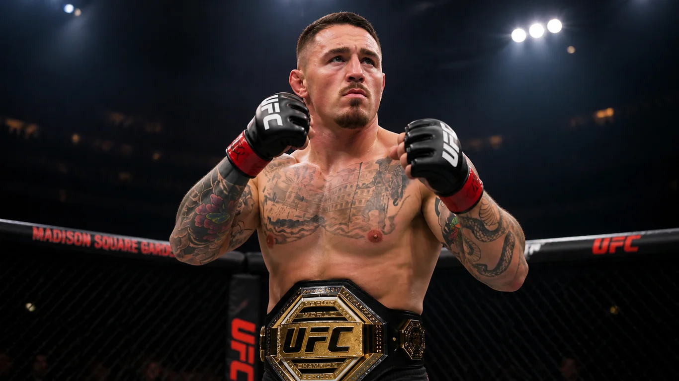 Tom Aspinall – brytyjski mistrz wagi ciężkiej UFC w bojowej sylwetce, z widoczną muskulaturą i wzrostem 196 cm.