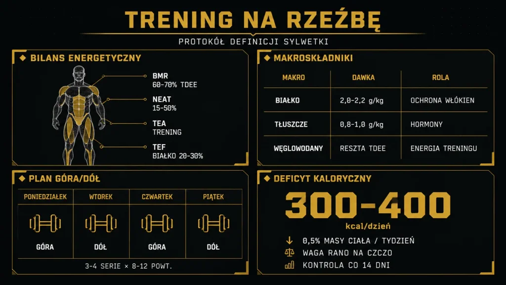 Infografika trening na rzeźbę – bilans energetyczny, makroskładniki, plan Góra/Dół i deficyt kaloryczny