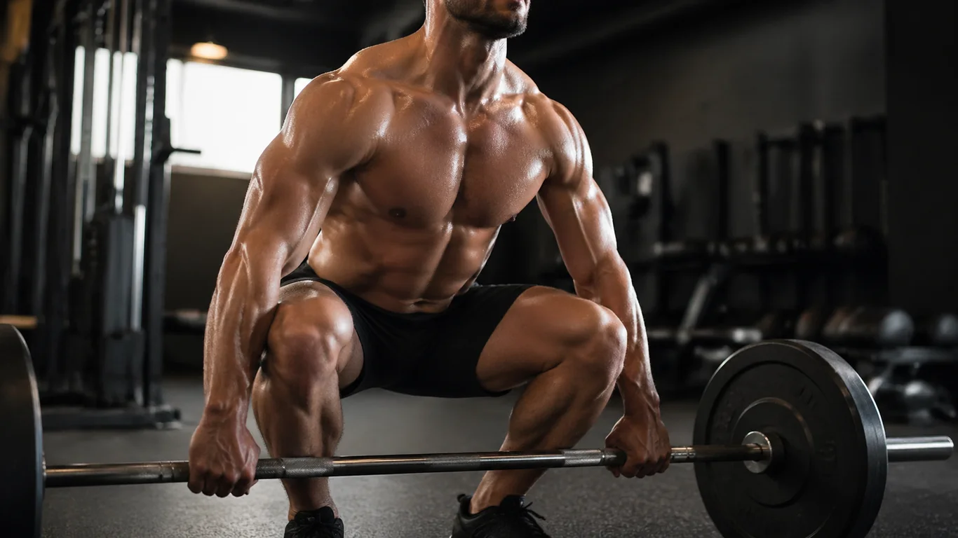 Sportowiec z wyrzeźbioną sylwetką wykonujący ćwiczenie z obciążeniem w siłowni