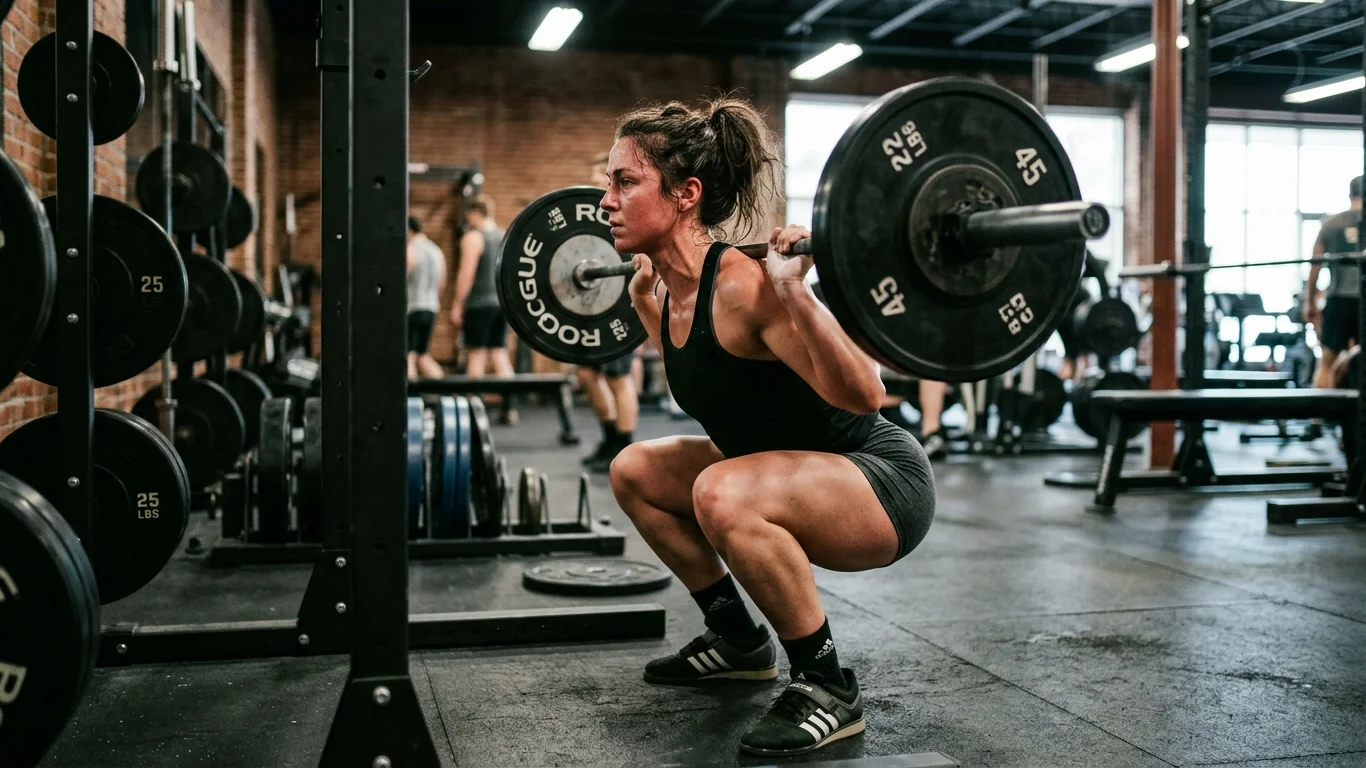 Kobieta podnosi ciężary, wykonując przysiad w siłowni. Ma ciemny strój sportowy, a w tle widać innych ćwiczących oraz sprzęt. Obciążenie sztangi to 45 i 25 funtów.