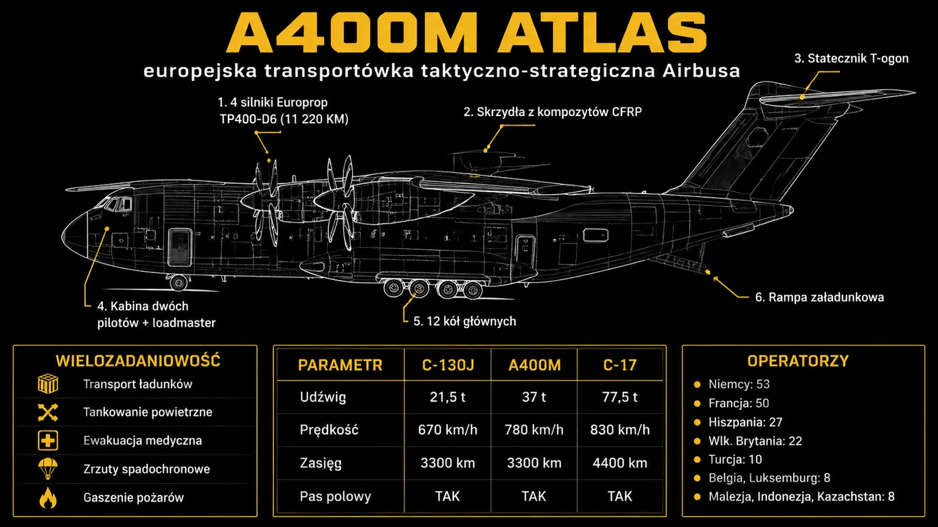 Infografika: Airbus A400M Atlas — sylwetka, dane techniczne, porównanie z C-130J Super Hercules i C-17 Globemaster III, mapa operatorów