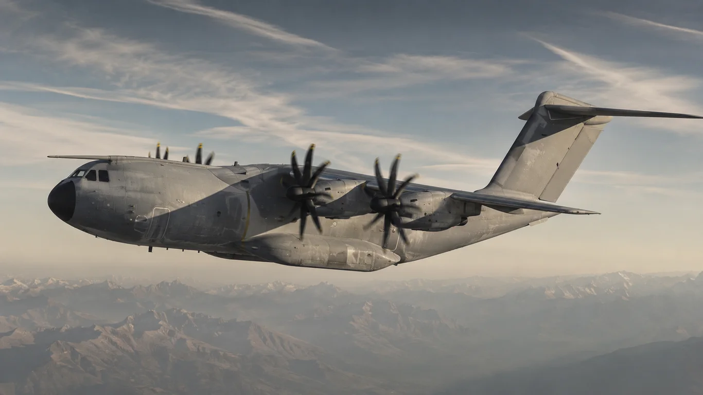 Airbus A400M Atlas w locie nad chmurami z czterema silnikami turbośmigłowymi Europrop TP400-D6, europejski samolot transportowy taktyczno-strategiczny.