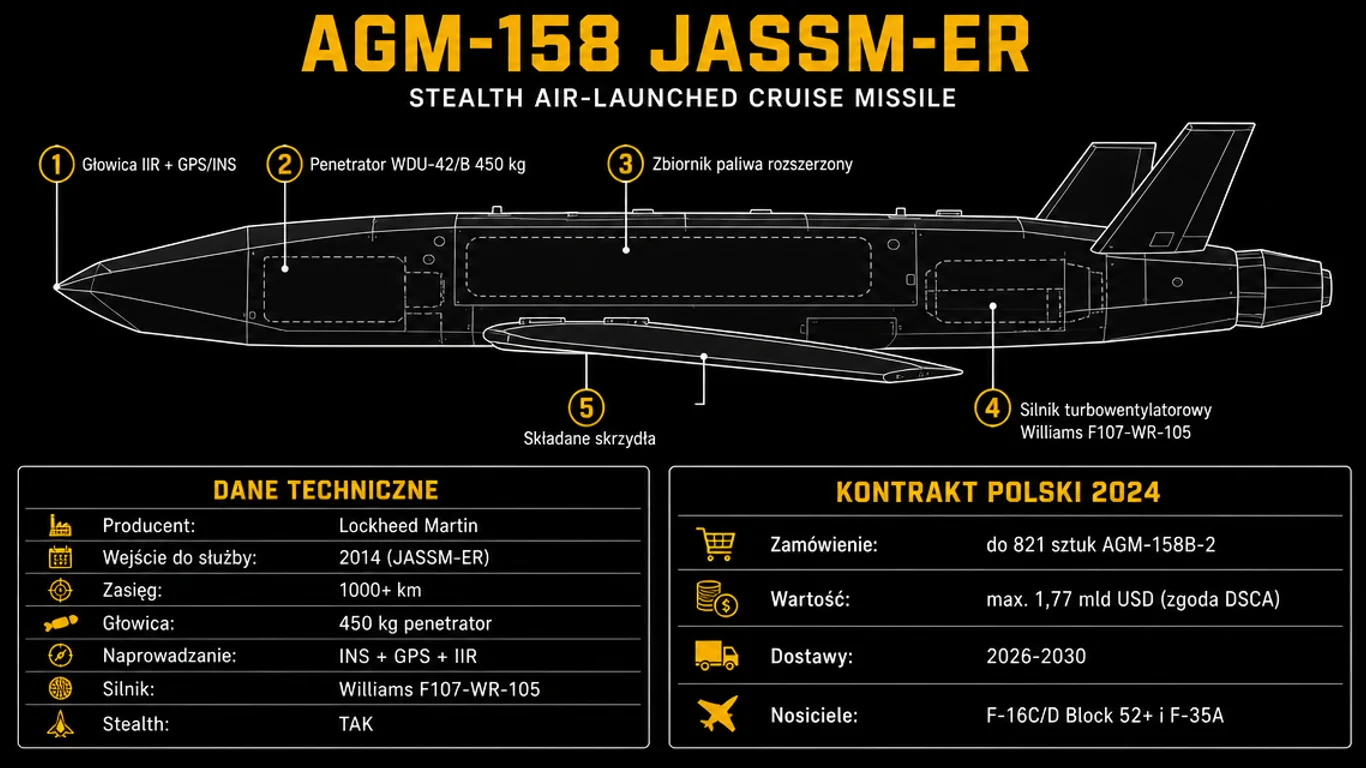 Infografika: AGM-158 JASSM-ER – sylwetka pocisku z calloutami komponentów (głowica IIR/GPS/INS, penetrator WDU-42/B 450 kg, zbiornik paliwa rozszerzony, silnik turbowentylatorowy Williams F107-WR-105, składane skrzydła), tabela parametrów technicznych i polski kontrakt 2024 na do 821 sztuk za max. 1,77 mld USD