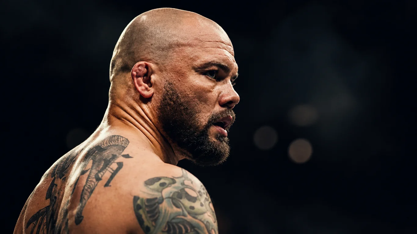 Anthony Smith Lionheart w hoodie UFC po walce, intensywne spojrzenie z pełną brodą i siwymi włosami weterana wagi półciężkiej.