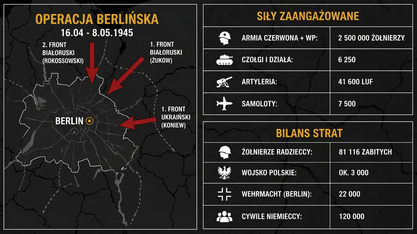 Infografika: Bitwa o Berlin 1945 – siły, fronty i bilans strat operacji berlińskiej