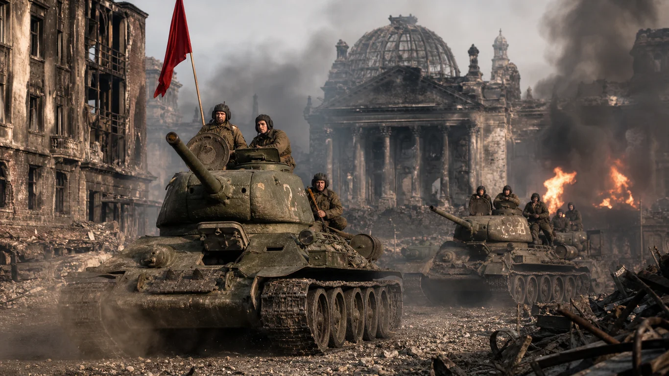 Czołgi T-34 w ruinach centrum Berlina podczas walk ulicznych w kwietniu 1945 roku.