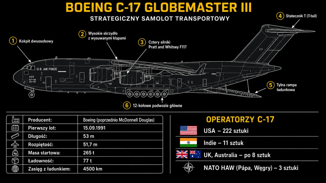 Infografika: C-17 Globemaster III – sześć kluczowych komponentów płatowca Boeing, parametry techniczne (długość 53 m, ładowność 77 t, zasięg 4500 km), główni operatorzy i NATO HAW Pápa