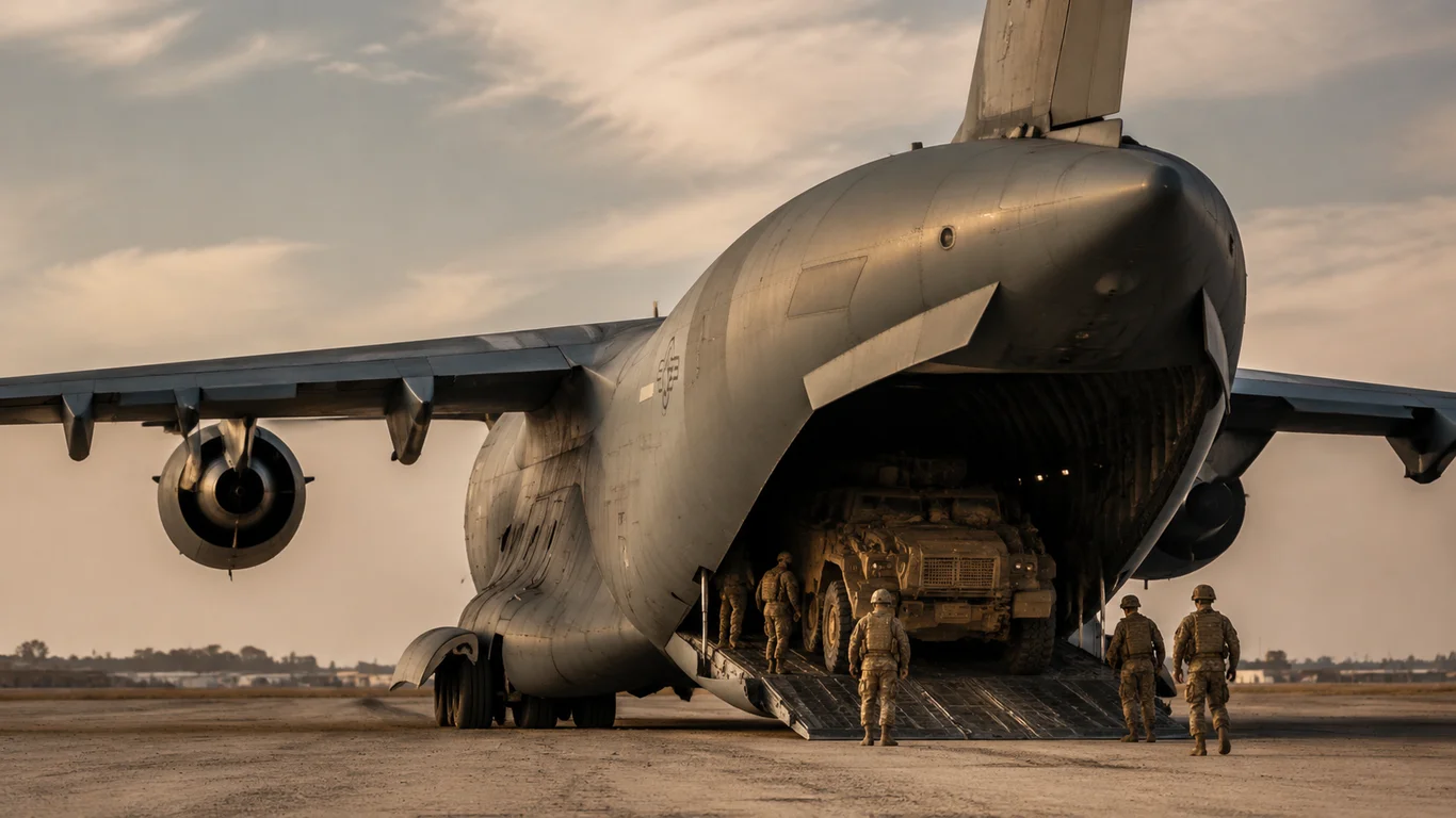 Amerykański transportowiec strategiczny Boeing C-17 Globemaster III z otwartą rampą tylną w trakcie operacji NATO.