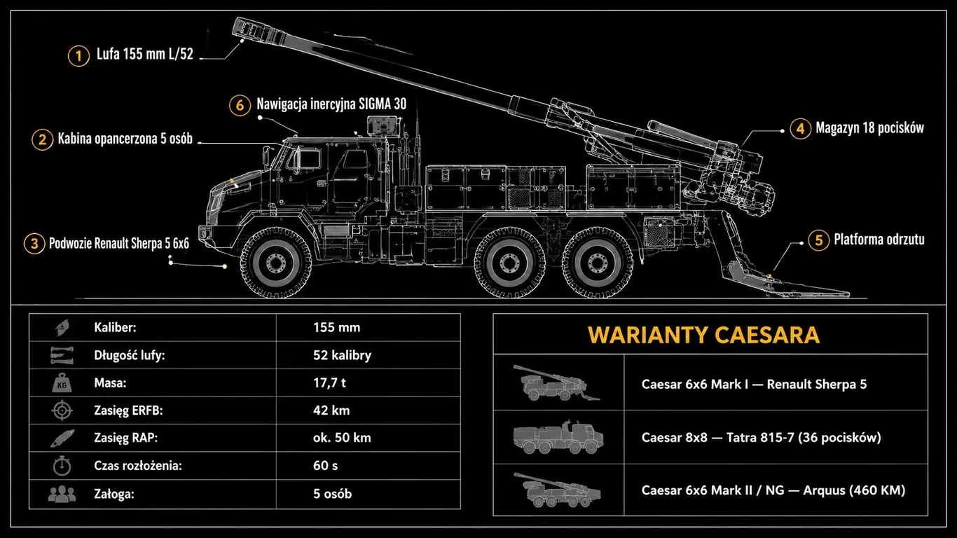 Infografika: Caesar 155mm – sylwetka boczna 6x6, callouty komponentów, tabela parametrów technicznych i porównanie wariantów Mark I, 8x8 i Mark II / NG