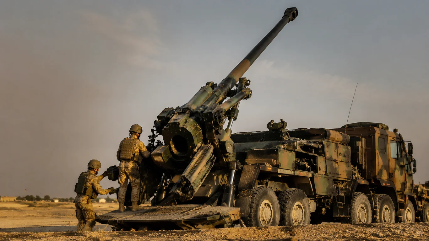 Francuska samobieżna haubica Caesar 155mm na pustynnym poligonie z lufą wzniesioną do strzału, dwóch operatorów w mundurach kamuflażu obsługuje system.