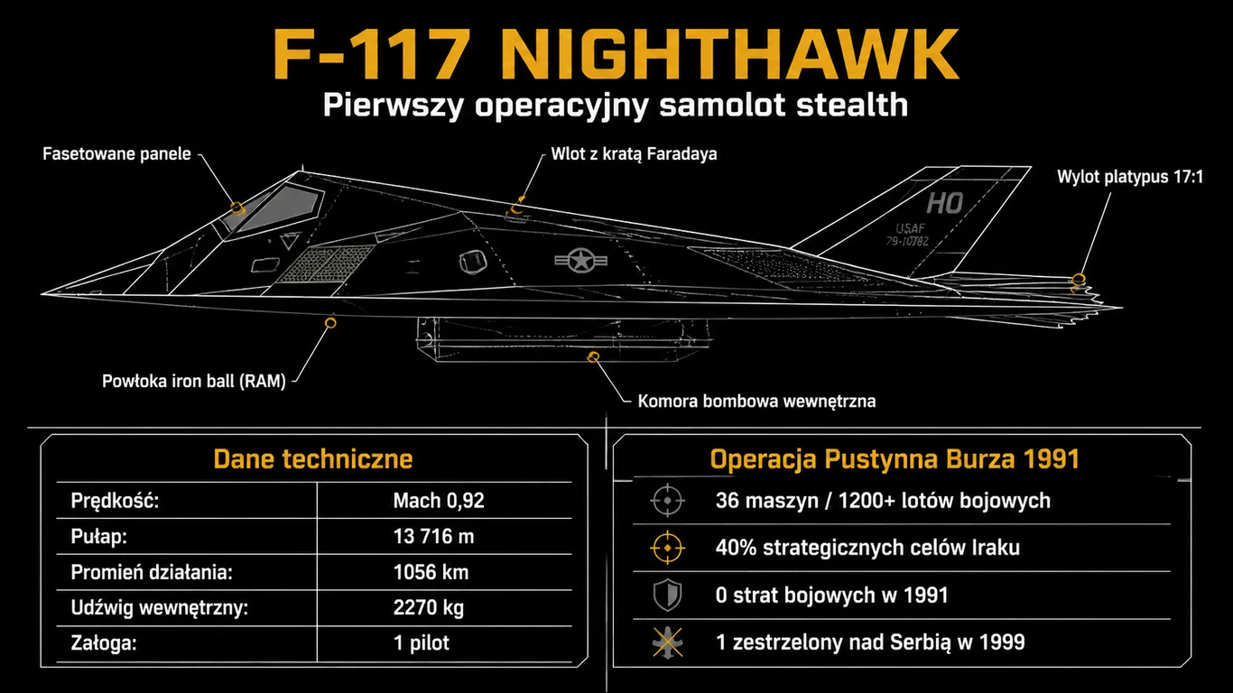 Infografika F-117 Nighthawk – fasetowy kształt, materiały RAM i kluczowe dane techniczne