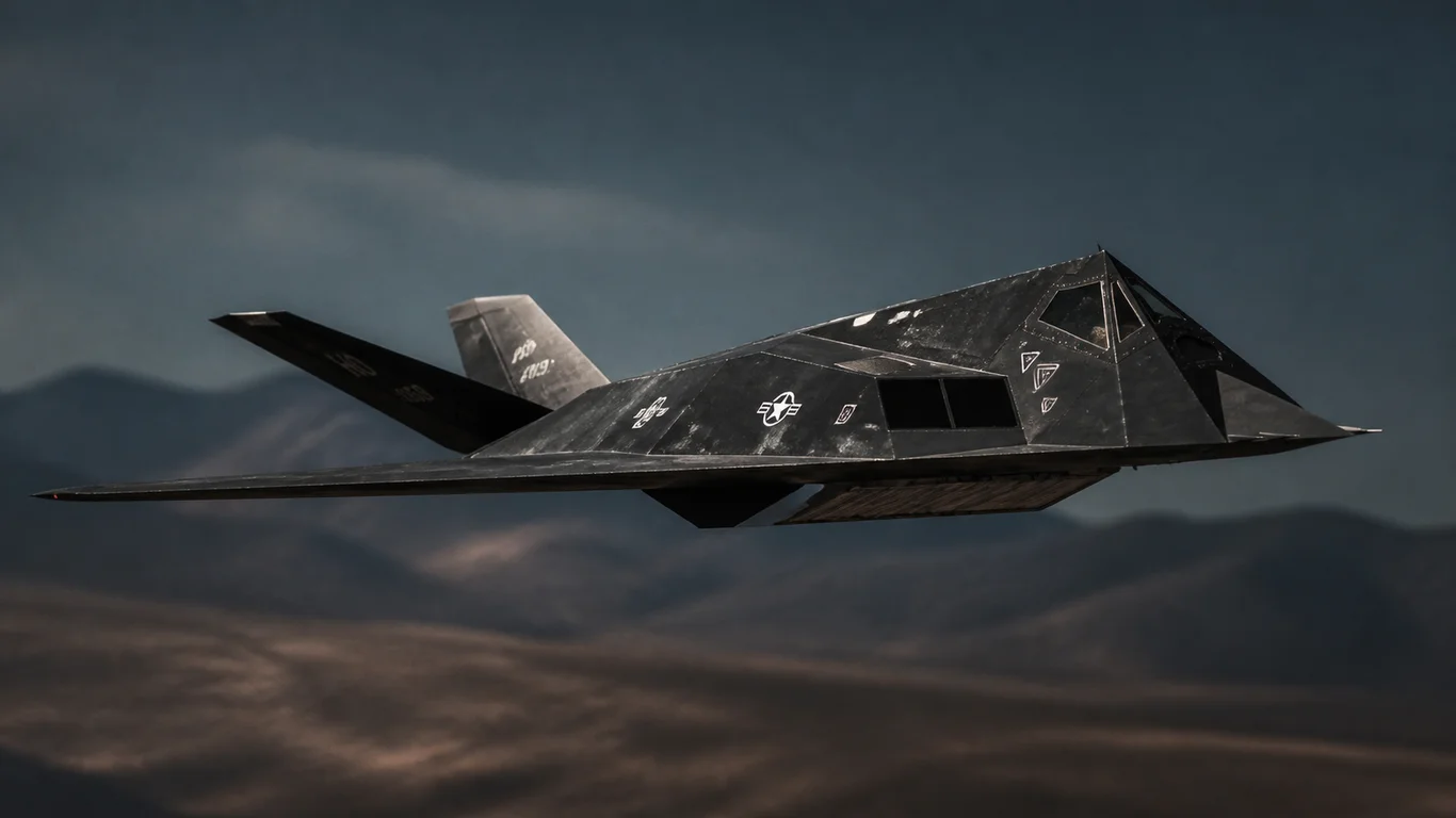 F-117 Nighthawk w locie nocnym – pierwszy operacyjny samolot stealth Lockheeda z charakterystyczną fasetowaną sylwetką.