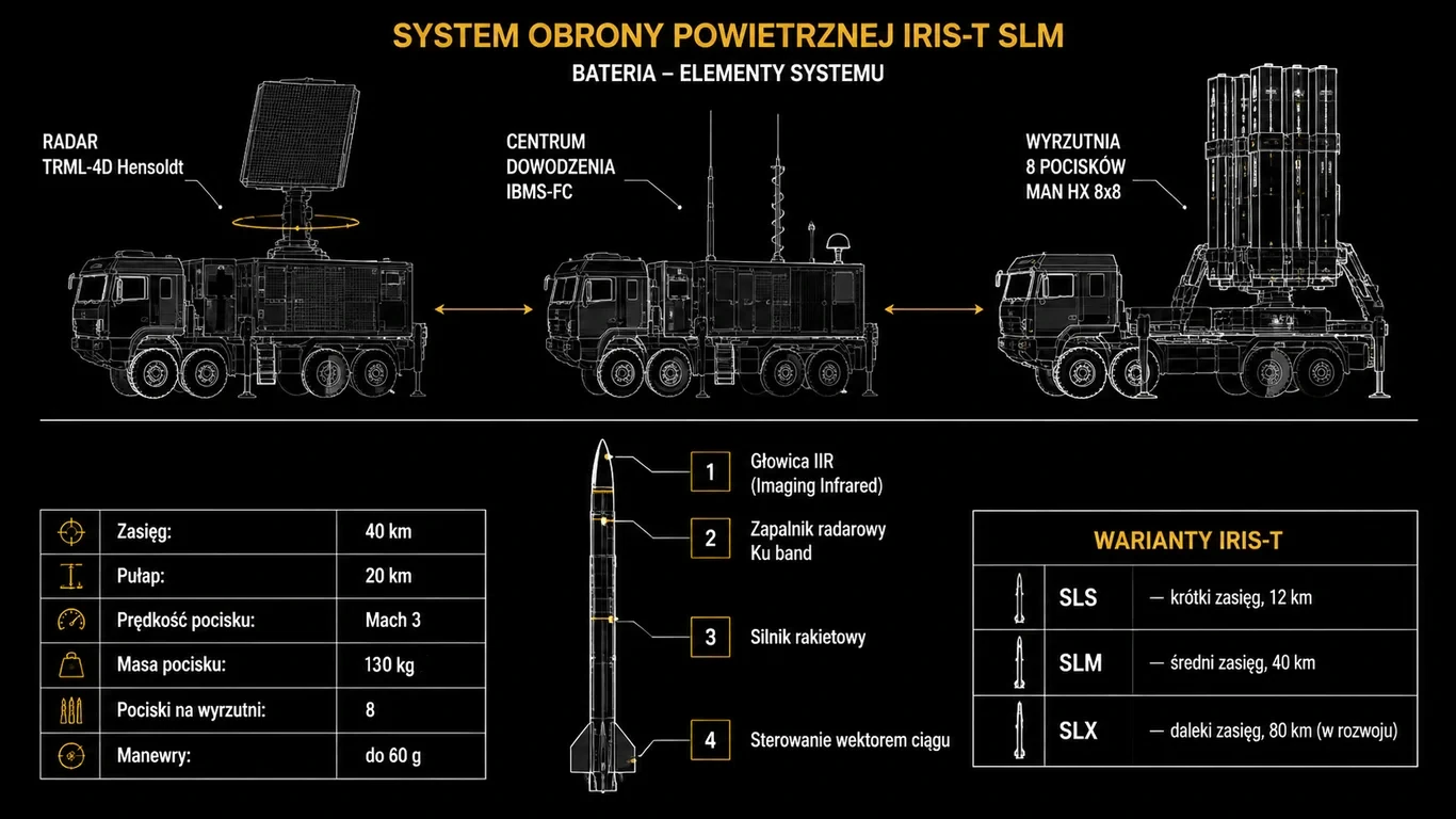 Infografika: IRIS-T SLM – elementy baterii (radar TRML-4D Hensoldt, centrum dowodzenia IBMS-FC, wyrzutnia 8 pocisków MAN HX), schemat pocisku z głowicą IIR i wektorem ciągu oraz porównanie wariantów SLS, SLM i SLX