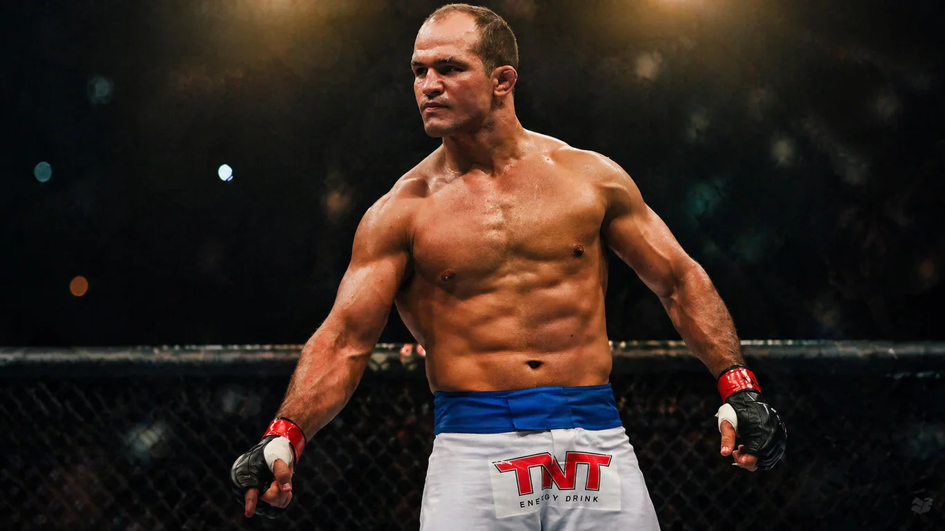 Junior dos Santos w klatce UFC podczas walki, z widoczną sylwetką brazylijskiego mistrza wagi ciężkiej.
