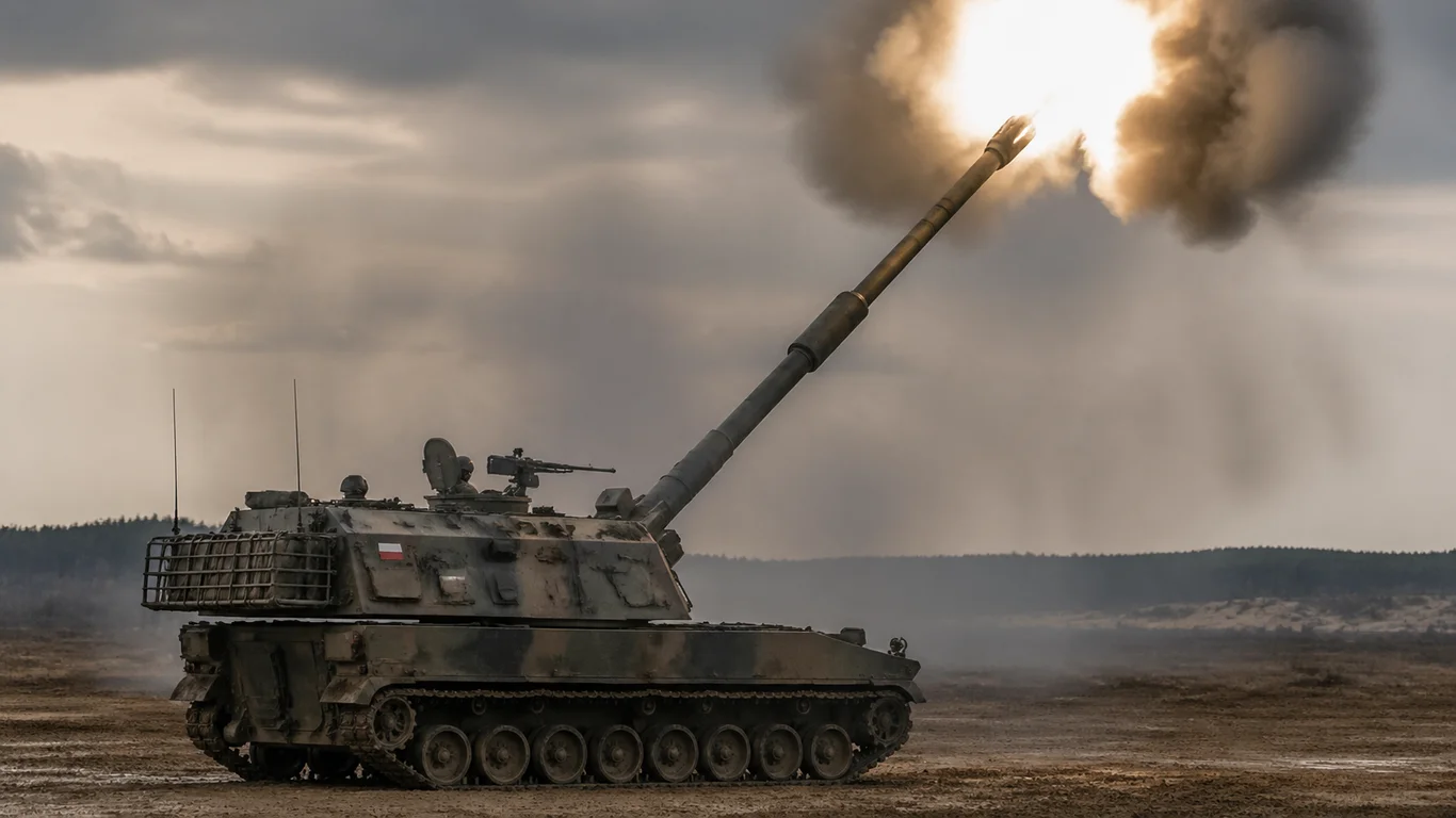 Koreańska armatohaubica K9 Thunder w pozycji ogniowej, z lufą 155mm uniesioną do strzału.