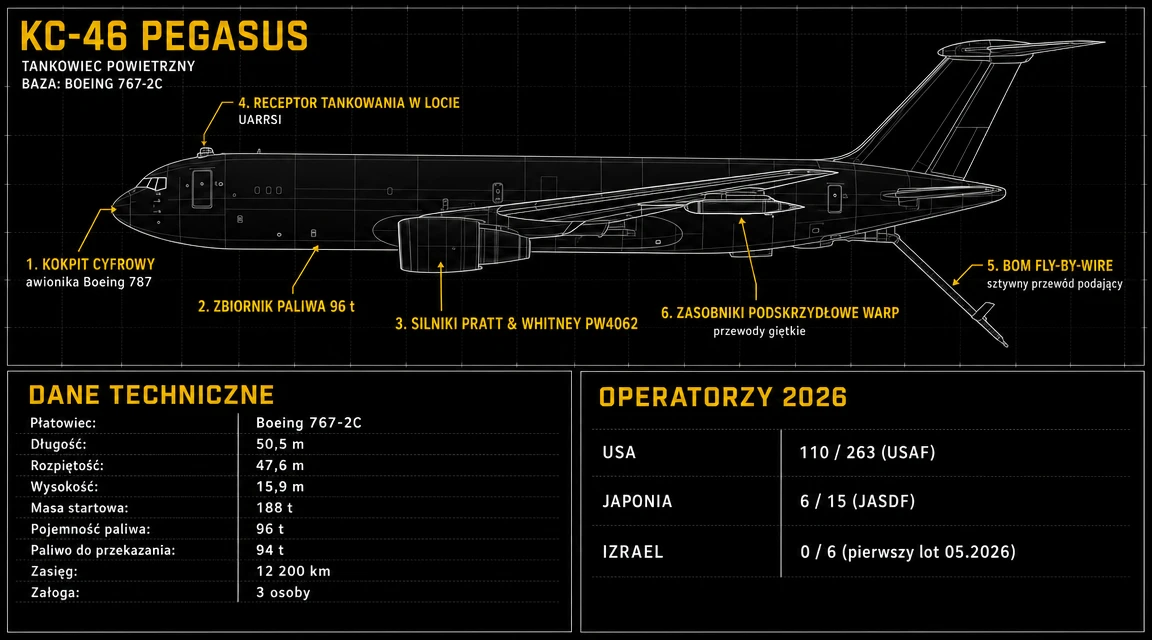 Infografika: KC-46 Pegasus – sylwetka boczna Boeing 767-2C z opisami komponentów (kokpit, zbiornik, silnik, gniazdo poboru paliwa, sztywny przewód, zasobniki z przewodami giętkimi), tabela parametrów technicznych i operatorzy w 2026