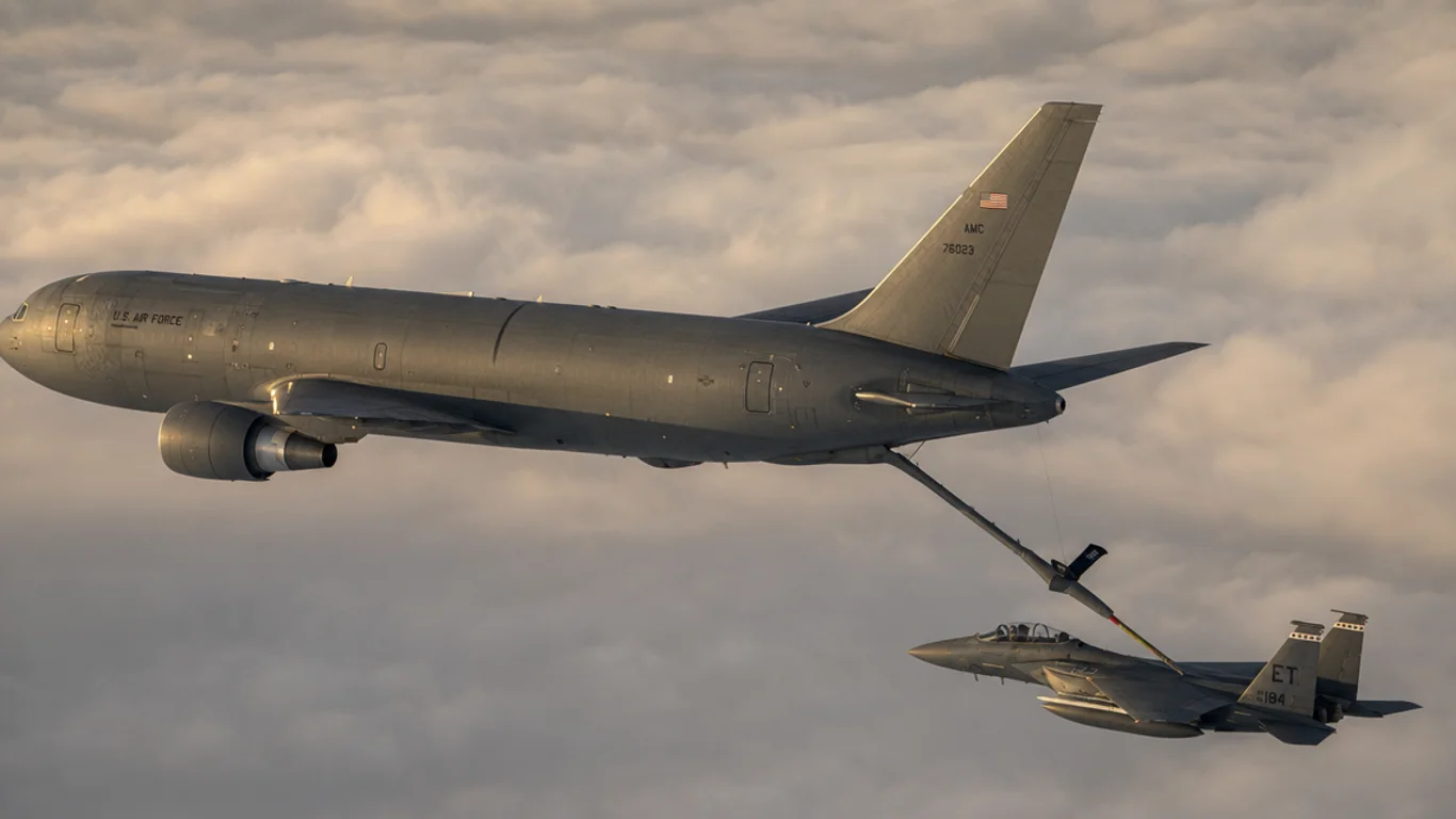 KC-46 Pegasus amerykański tanker Boeing 767 w trakcie tankowania myśliwca F-15 Eagle na bombie spalin nad chmurami.