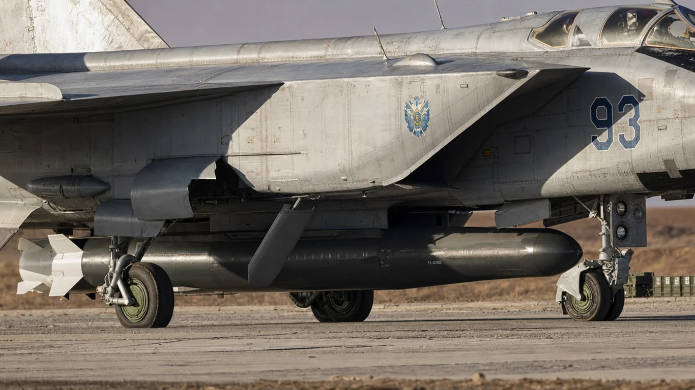 Pocisk Kindżał Ch-47M2 podwieszony pod kadłubem rosyjskiego myśliwca przechwytującego MiG-31K, charakterystyczny ciemny obrys aeroballistycznego pocisku z białymi statecznikami.