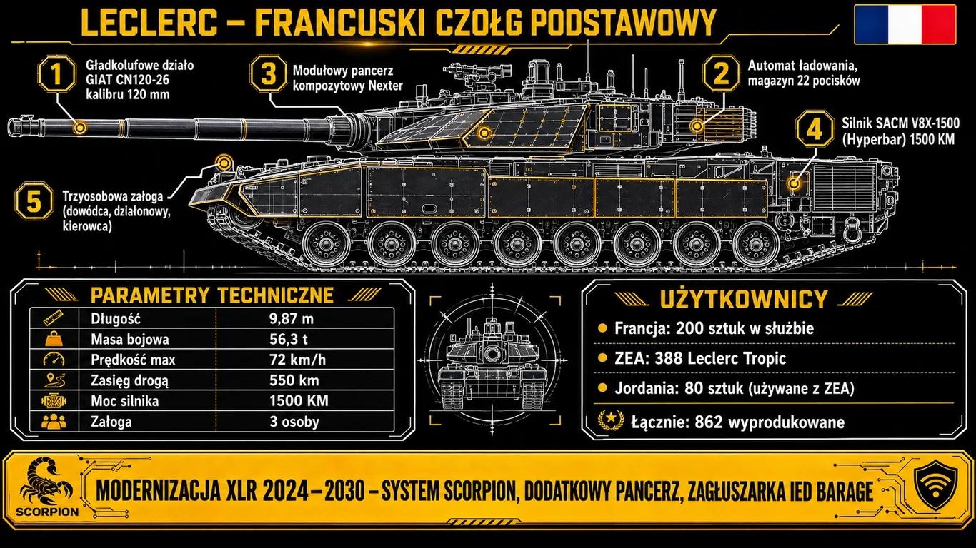 Infografika Leclerc – dane techniczne, automat ładowania na 22 pociski, pancerz modułowy, porównanie z czołgami Leopard 2 i M1 Abrams