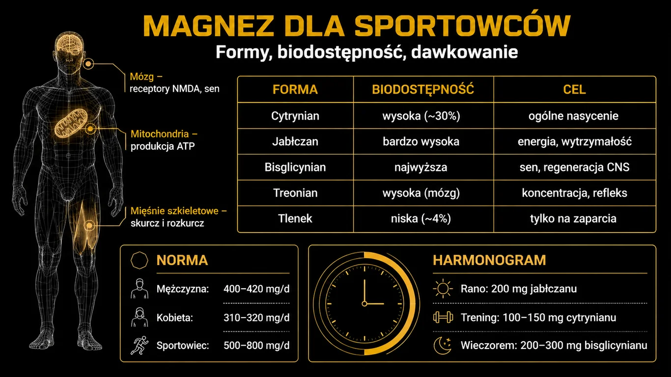 Infografika: magnez dla sportowców — formy, biodostępność i protokół suplementacji