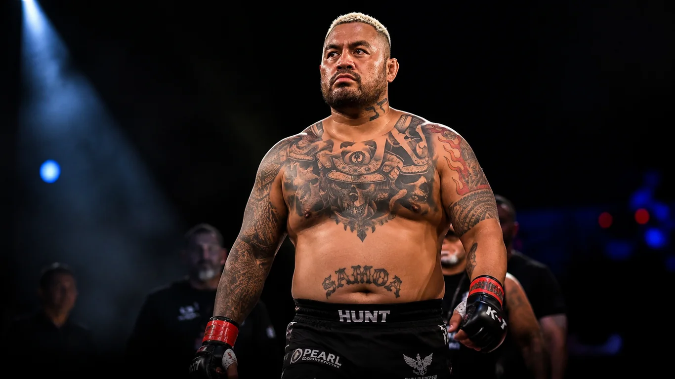 Mark Hunt The Super Samoan w typowej walking-stance postawie z opuszczonymi rękoma, ikoniczne polinezyjskie tatuaże tradycyjne na ramionach i ciemny strój kickboxerski.