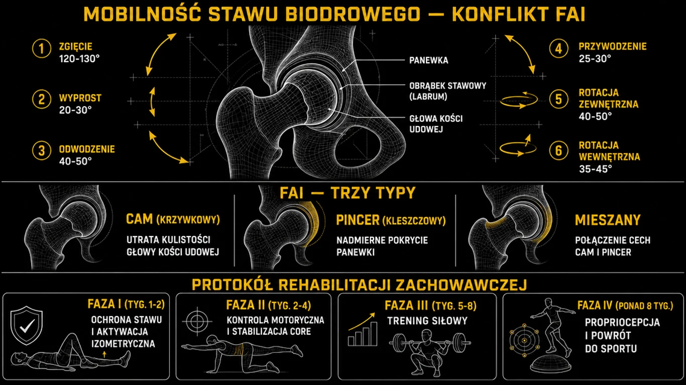 Infografika mobilność stawu biodrowego – sześć płaszczyzn ruchu, konflikt FAI typu CAM i Pincer, anatomia panewki i obrąbka stawowego