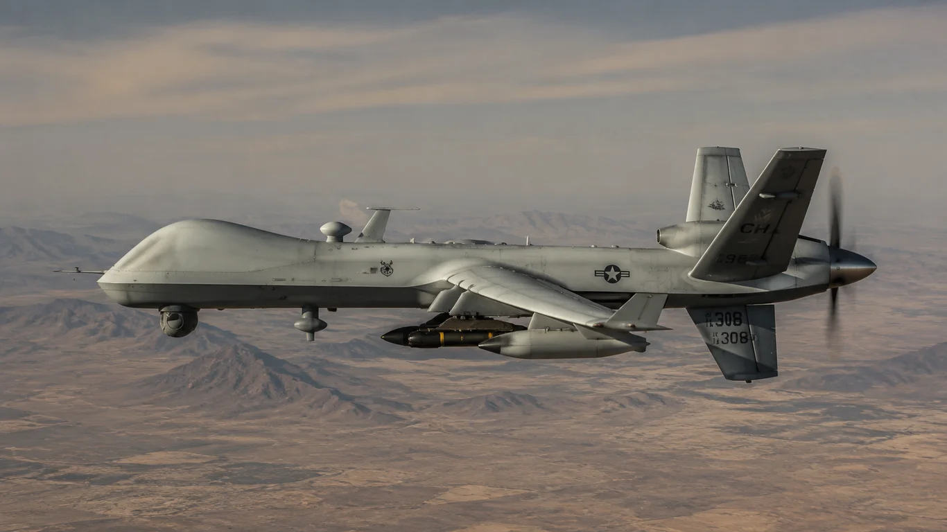 MQ-9 Reaper General Atomics w locie nad pustynnym terenem, amerykański dron uderzeniowy klasy MALE z głowicą sensorową MTS pod kadłubem i pylonami uzbrojenia.