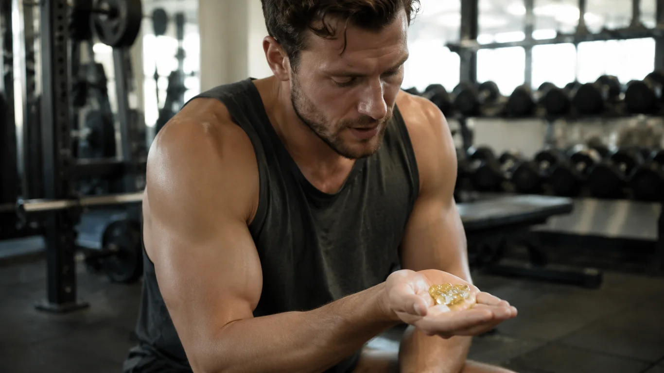 Sportowiec z kapsułkami oleju rybiego omega-3 w dłoni na tle siłowni z hantlami i sztangą.