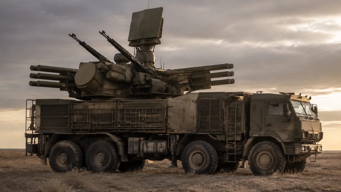 Pantsir-S1 na podwoziu KamAZ 8x8 z rozłożonymi pakietami rakiet 57E6 i działami 2A38M, rosyjski hybrydowy system SHORAD w pozycji bojowej.