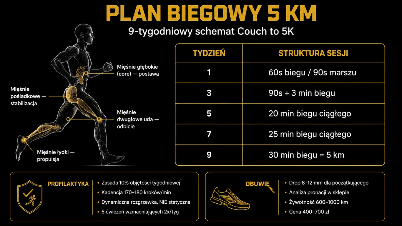 Infografika: plan biegowy 5 km — schemat C25K, ćwiczenia wzmacniające i wybór obuwia